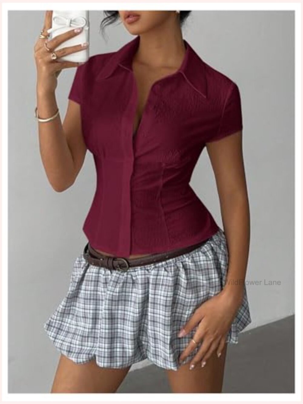 Cap Sleeve Button Down Shirt Blouse Slim Fit Collared Neck Work Tops - Picture 4 of 6